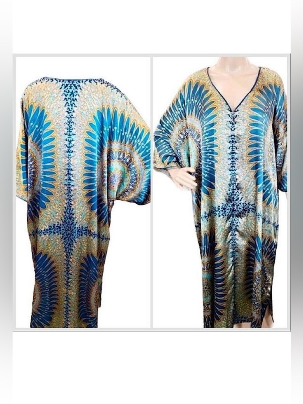 Oscar de la Renta Blue Gold Mandala Zip Front‎ V-Neck 2 Pocket Caftan  SZ 2X NEW - Picture 4 of 15